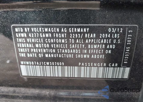 2012 Volkswagen Golf 2.5L 4-Door z USA, uszkodzony, nr VIN WVWDB7AJ1CW307609